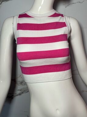 Zara Pink White Stripe Ribbed Crop Tank Fitted Knit Top Size S Barbiecore